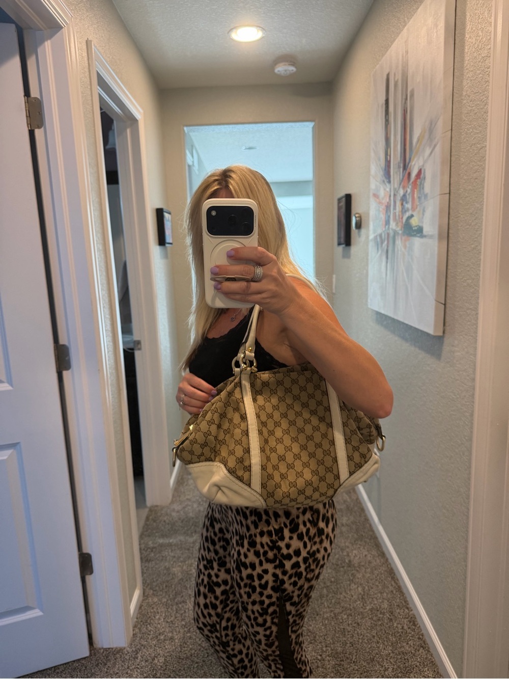 Gucci Beige Monogram Shoulder Hobo Bag with Cream Trim and Gold Hardware - Picture 5 of 6